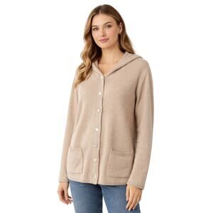 Gretchen Scott Lightweight Hooded L/S Knit Button Cardigan Sweater Taupe XL